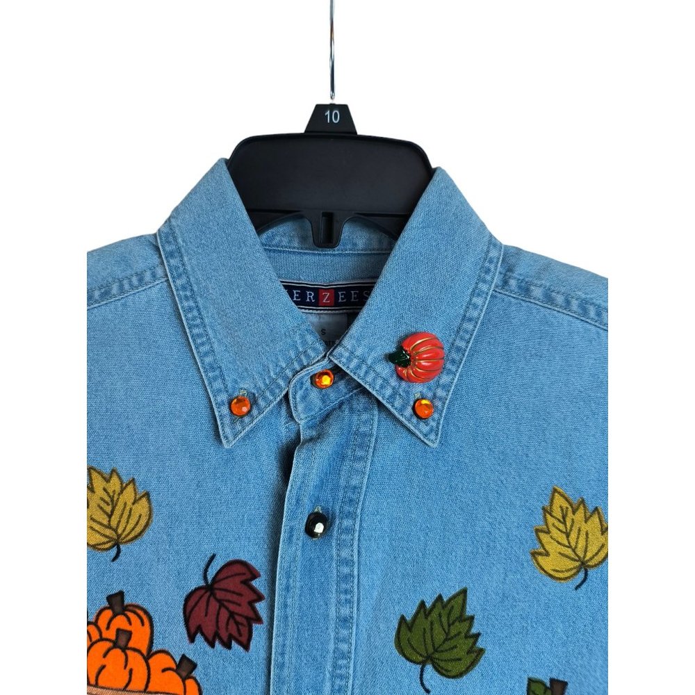 VTG Jerzees Button Up Pumpkin HALLOWEEN Patch Embroidered Denim Shirt S - Picture 4 of 10